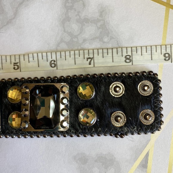 Leather Rhinestone and Cow Hair Leather Bangle Cuff Bracelet - Picture 3 of 4